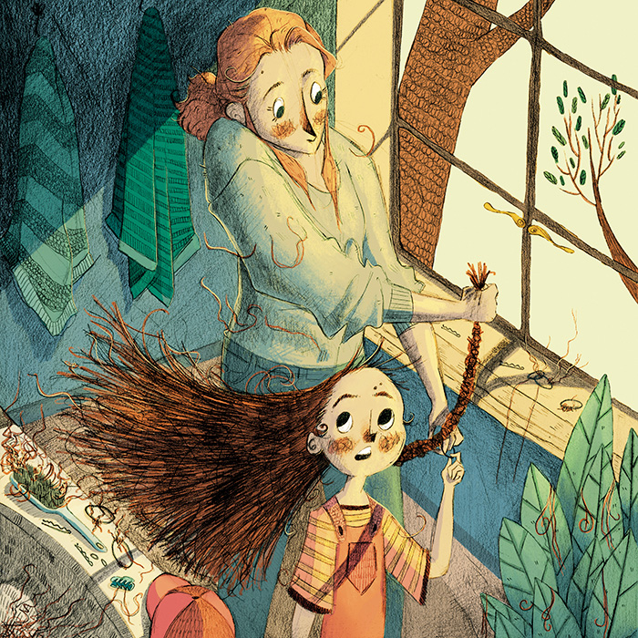 illustration student work, a drawing, depicting a mother and child in visual storm of color