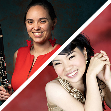 In a split-screen photo, clarinetist Natalie Groom and pianist Hui-Chuan Chen smile at the camera in formal, colorful clothes.