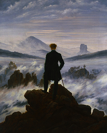 Wanderer above the Sea of Fog by Caspar David Friedrich, a man in a dark coat faces away, looking out at the horizon over a stormy sea as waves crash