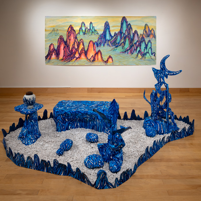 Installation view of Phaan Howng's "A Bag or Rocks for a Bag of Rice."