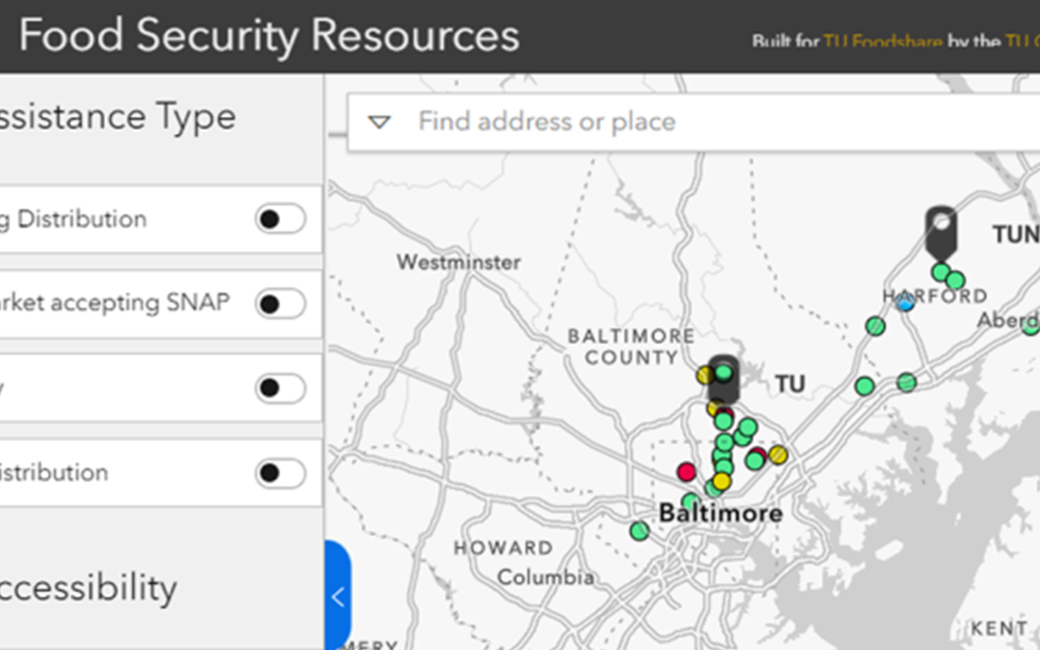 close up of map of towson maryland with dots that represent local food assistance resources