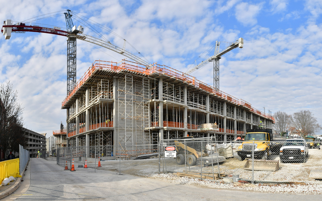 construction of a large building, showing rebar