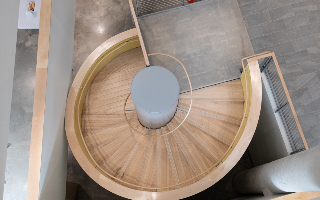 Overhead view of Science Complex spiral staircase