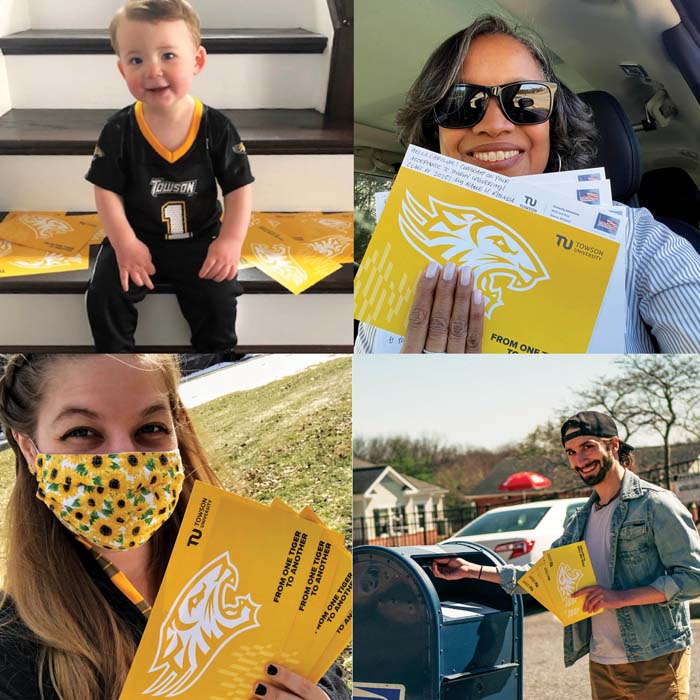 Collage of alumni holding postcards