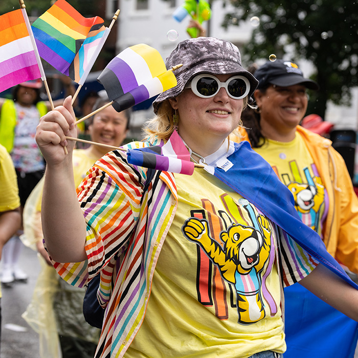 student with flags