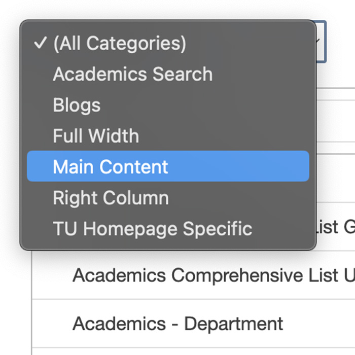 Screenshot of the snippet library categories on Modern Campus CMS